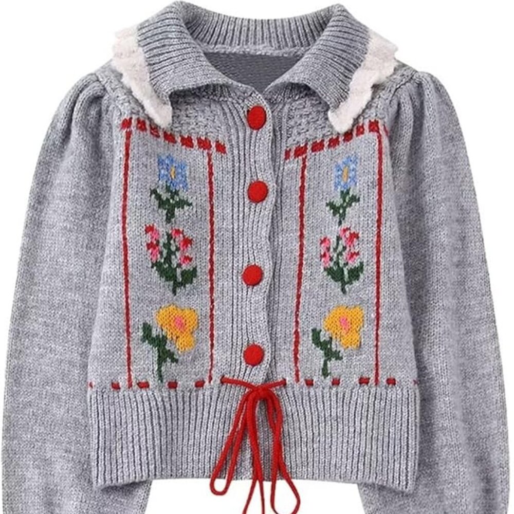Red-Grey Buttoned Pull Tie Collared Cardigan Sweater One Size